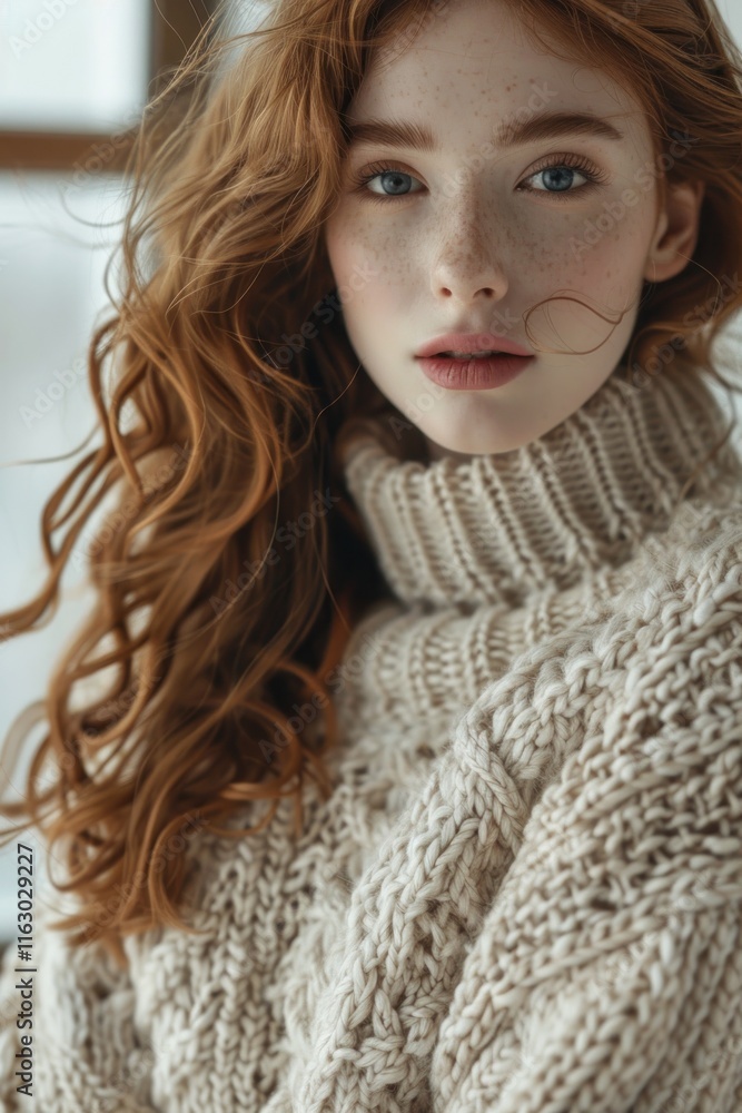 beautiful redhead girl with freckles on face in sweater looking at camera beautiful redhead girl with freckles on face in sweater looking at camera