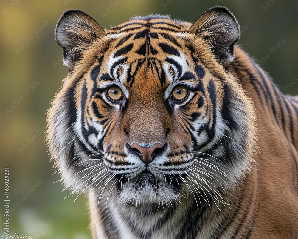 Close-up portrait of a Bengal tiger with intense gaze in natural setting Close-up portrait of a Bengal tiger with intense gaze in natural setting