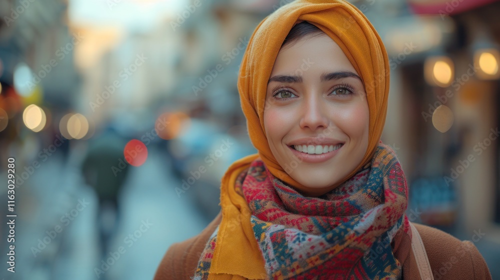 Fototapeta premium Portrait of a young muslim woman wearing headscarf in the city