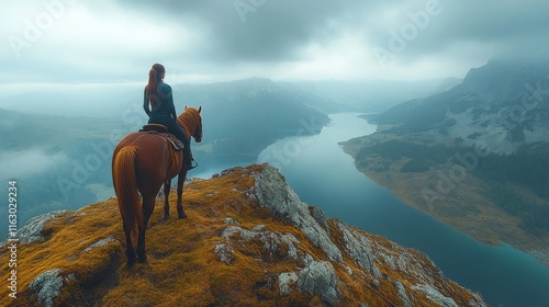 Rider on a golden horse gazes at a river valley under an overcast sky photo