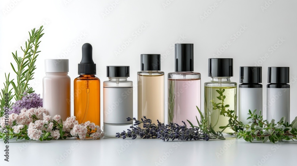 Collection of blue skincare products and ingredients arranged neatly on a white background Collection of blue skincare products and ingredients arranged neatly on a white background