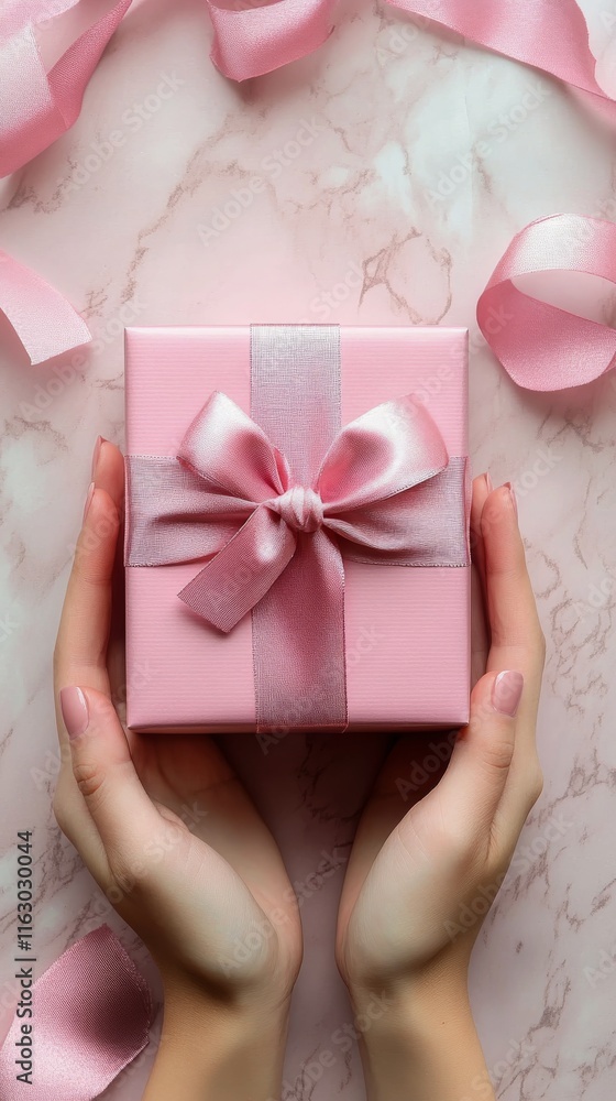 Gift wrapping with pink bow held in hands against a dark textured background during a festive celebration Gift wrapping with pink bow held in hands against a dark textured background during a festive celebration