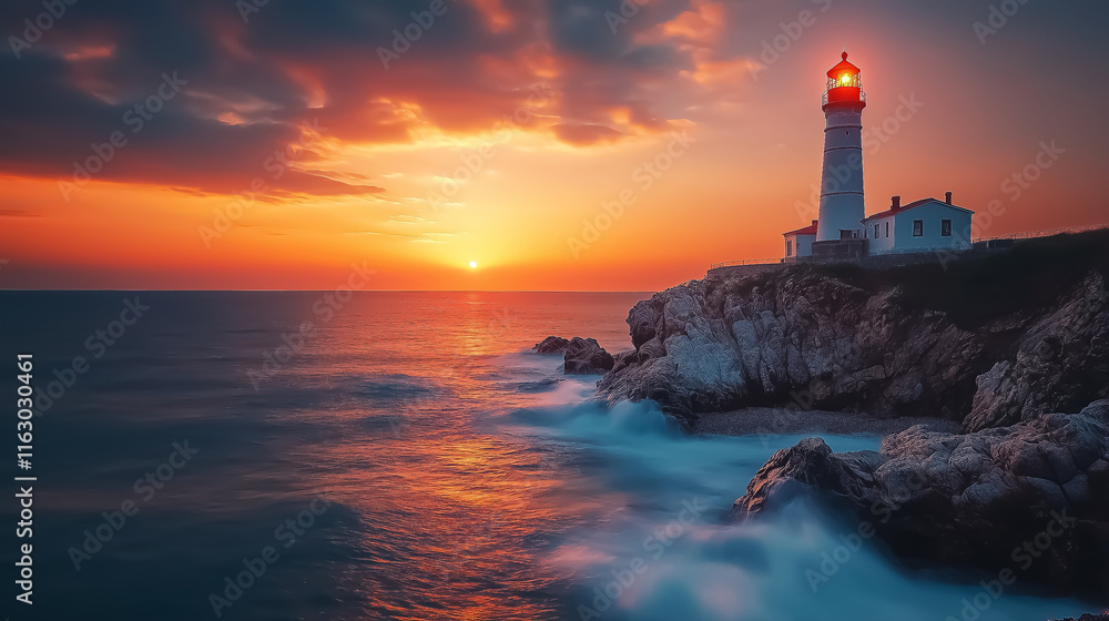 Stunning coastal sunset featuring a lighthouse on a rocky shore, perfect for wall art, travel decor, or as a serene background in advertisements. Stunning coastal sunset featuring a lighthouse on a rocky shore, perfect for wall art, travel decor, or as a serene background in advertisements.