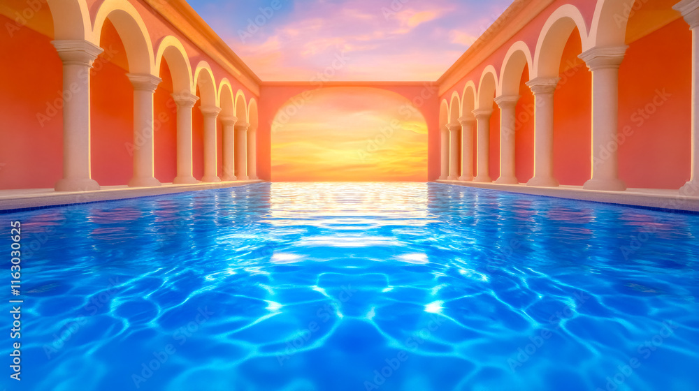 Infinity pool reflecting orange sunset sky in luxurious building Infinity pool reflecting orange sunset sky in luxurious building