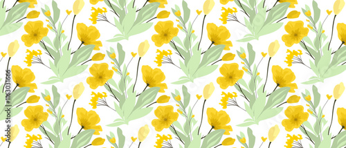 Cute gentle seamless pattern with yellow wild flowers. Design for fabric, packaging, cover, scrapbooking.