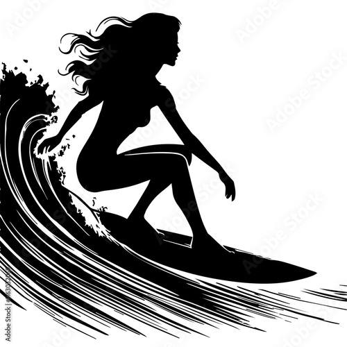 Black and white vector surfer girl conquers the wave silhouette on a white background.