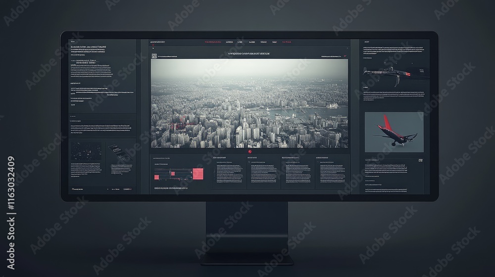 A sleek monitor displaying a cityscape with data and graphics for analysis. A sleek monitor displaying a cityscape with data and graphics for analysis.