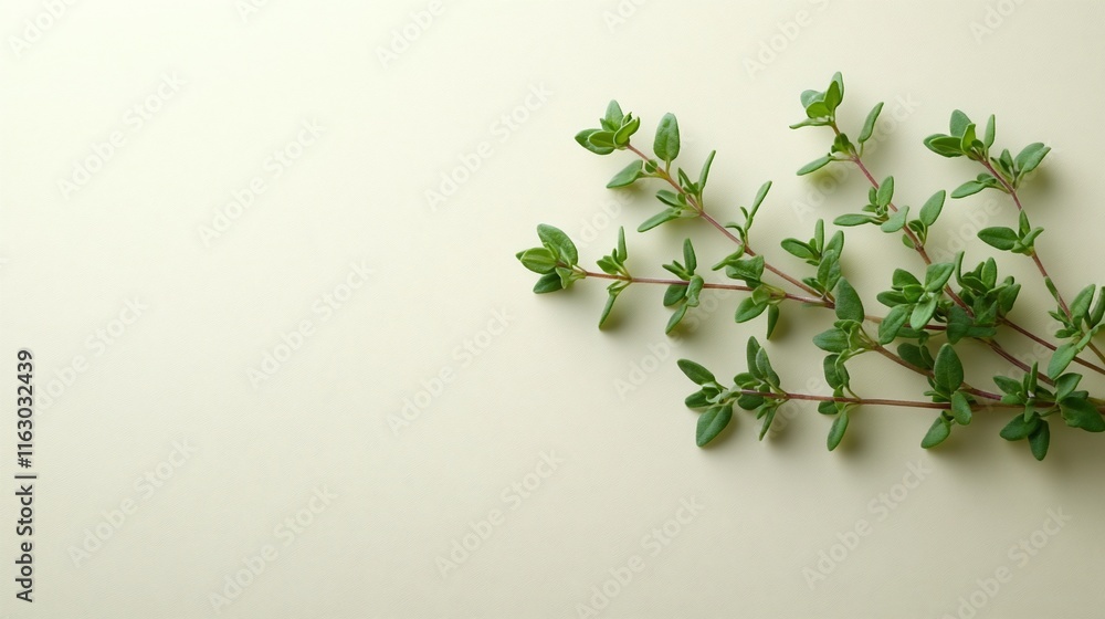 Fresh Thyme Sprigs on Beige Background: Culinary Herb Photography Fresh Thyme Sprigs on Beige Background: Culinary Herb Photography