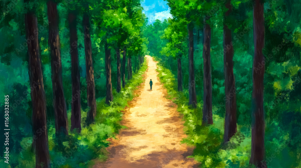 Obraz premium Man walking on a path through lush green forest