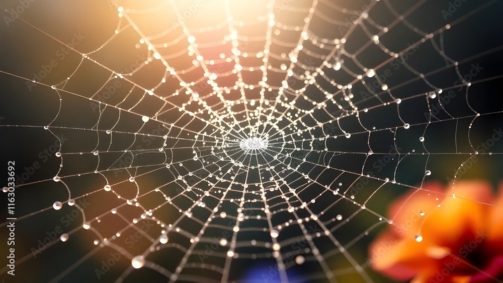 Obraz premium Golden Spiderweb with Dew Drops
