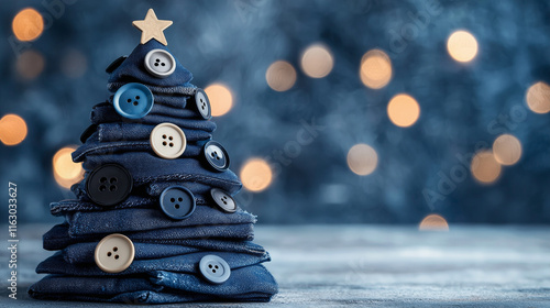 Denim Christmas tree with fashionable buttons as ornaments