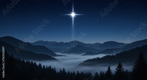 Starry Night over Desert Hills Symbolizing Birth of Jesus with Shining Bethlehem Star photo