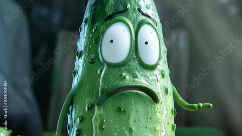 Animated pickle's emotional journey in closeup sequence