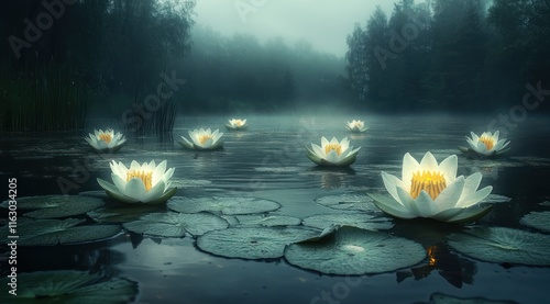 Glowing white water lilies on a misty lake at night, surrounded by dark forest.