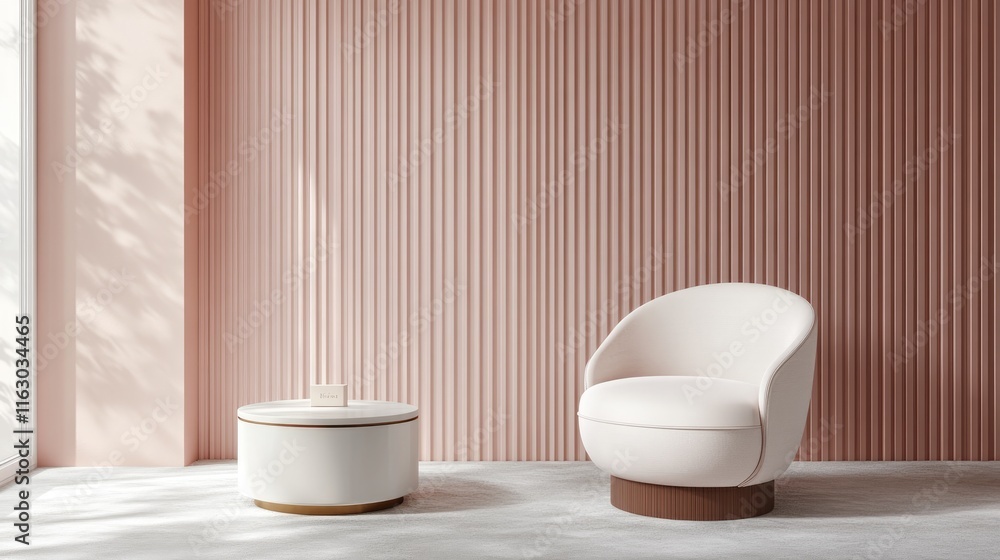 A modern lounge area featuring a stylish chair and round table against a textured pink wall. A modern lounge area featuring a stylish chair and round table against a textured pink wall.