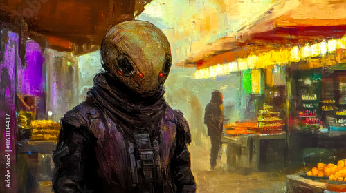 Alien visiting an outdoor marketplace with exotic goods photo