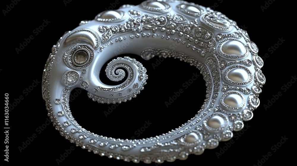 A silver curved octopus tentacle with suckers on it. A silver curved octopus tentacle with suckers on it.