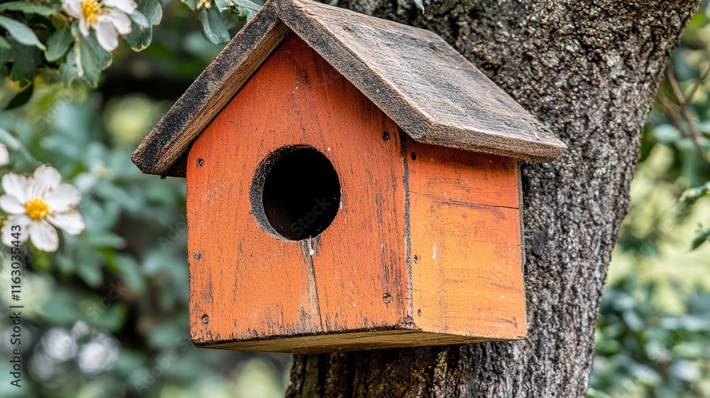 A handmade wooden birdhouse hangs from a tree surrounded by wildflowers. A handmade wooden birdhouse hangs from a tree surrounded by wildflowers.