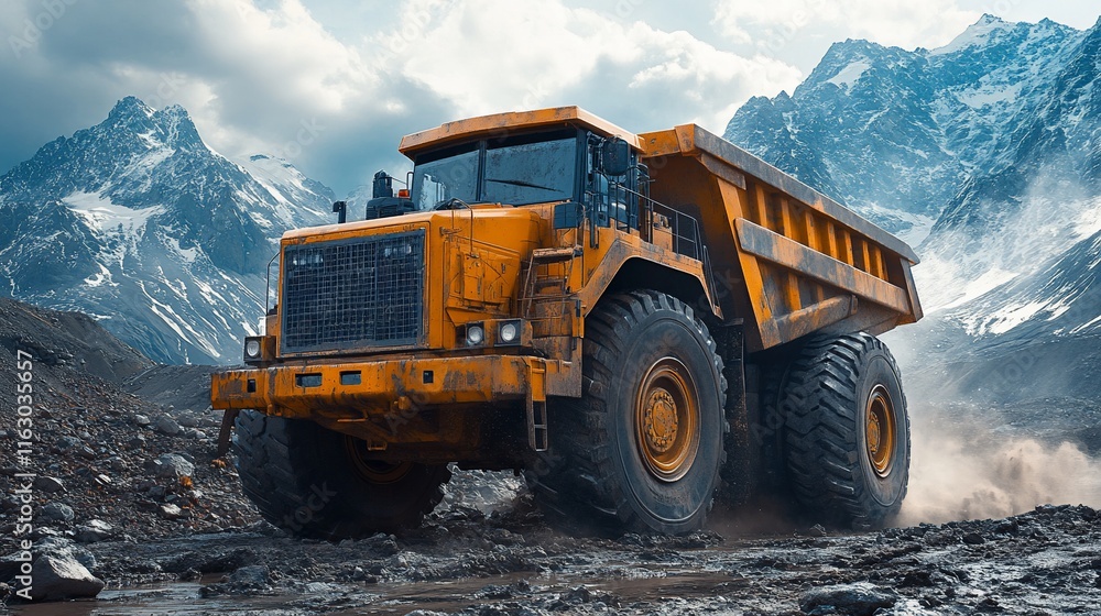 Large Mining Truck Drives Through Mountainous Terrain Large Mining Truck Drives Through Mountainous Terrain