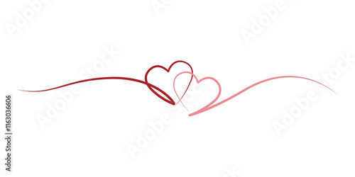 Continuous line heart shape border red and pink hearts on white background for valentine, women, mother's day greeting invitation graphic design
