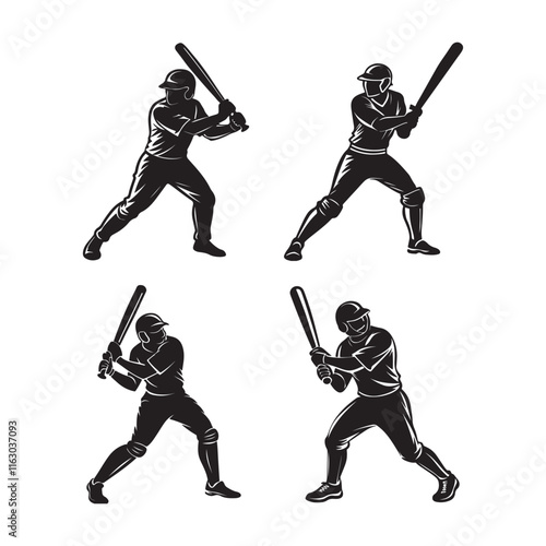 Photography set of baseball player with a bat silhouette, black and white silhouette, vector