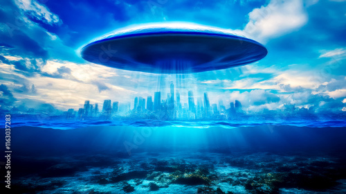 Wallpaper Mural Spaceship hovering over underwater city on alien planet Torontodigital.ca