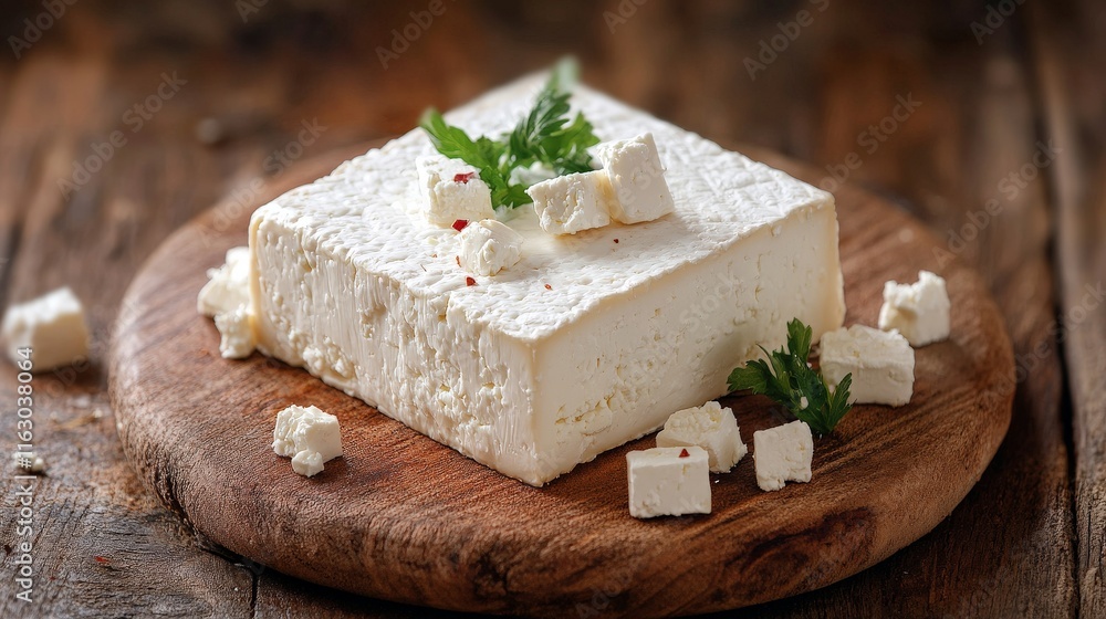Front view of a feta cheese block on a wooden board, showcasing fine details and a rustic aesthetic Front view of a feta cheese block on a wooden board, showcasing fine details and a rustic aesthetic