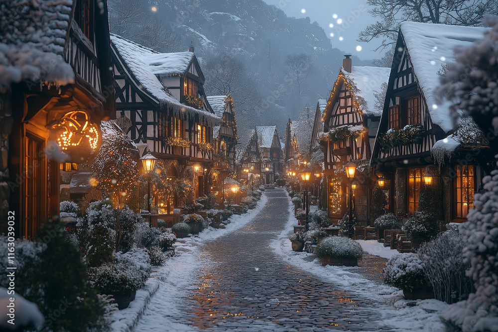 Obraz premium Photo réaliste professionnelle d’une rue de village médiéval au crépuscule, avec des réverbères projetant une lumière chaleureuse sur les pavés et des maisons à colombages bordant la rue