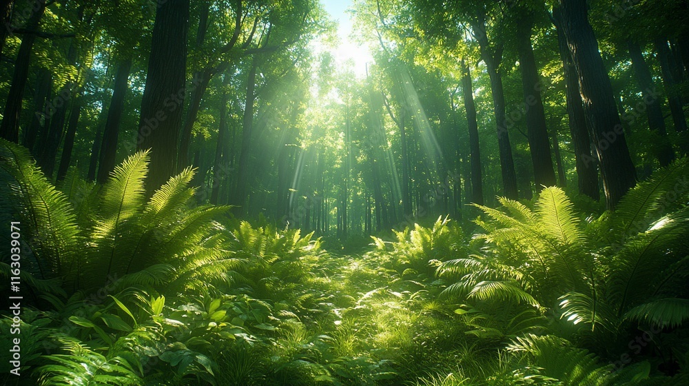 Fototapeta premium Sunbeams Illuminate Lush Green Forest Path