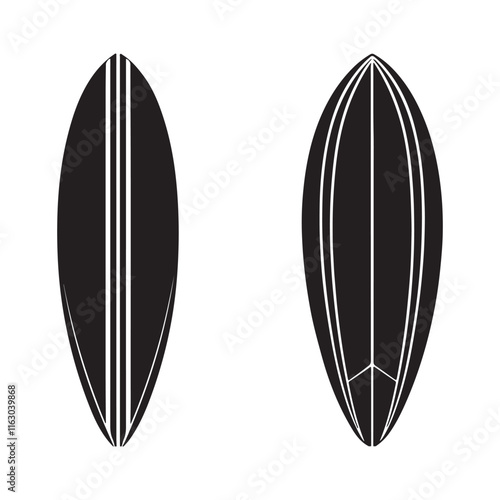 surfboard silhouette, black and white silhouette, vector and illustration