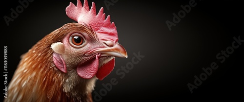 Dramatic close-up portrait of brown hen's face showing detailed red comb, wattles and eye contact against dark background. Professional studio lighting highlights poultry features. 8k chicken banner photo