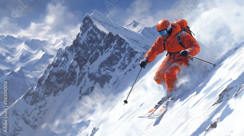 Extreme skier in bright orange gear descending steep snowy mountain slope against dramatic alpine peaks. Dynamic action shot captures winter sports adventure and professional skiing down mountain. 8k