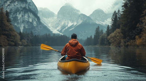 Wallpaper Mural Solo man kayaker paddling on calm mountain lake surrounded by towering peaks and autumn forest. Moody adventure photography with dramatic mountain backdrop and reflective water. 8k Torontodigital.ca