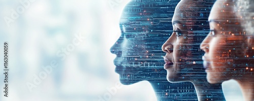 AI technology and aging concept showing three diverse women's profiles at different ages overlaid with digital code effects. Futuristic banner highlighting artificial intelligence innovation. 8k
