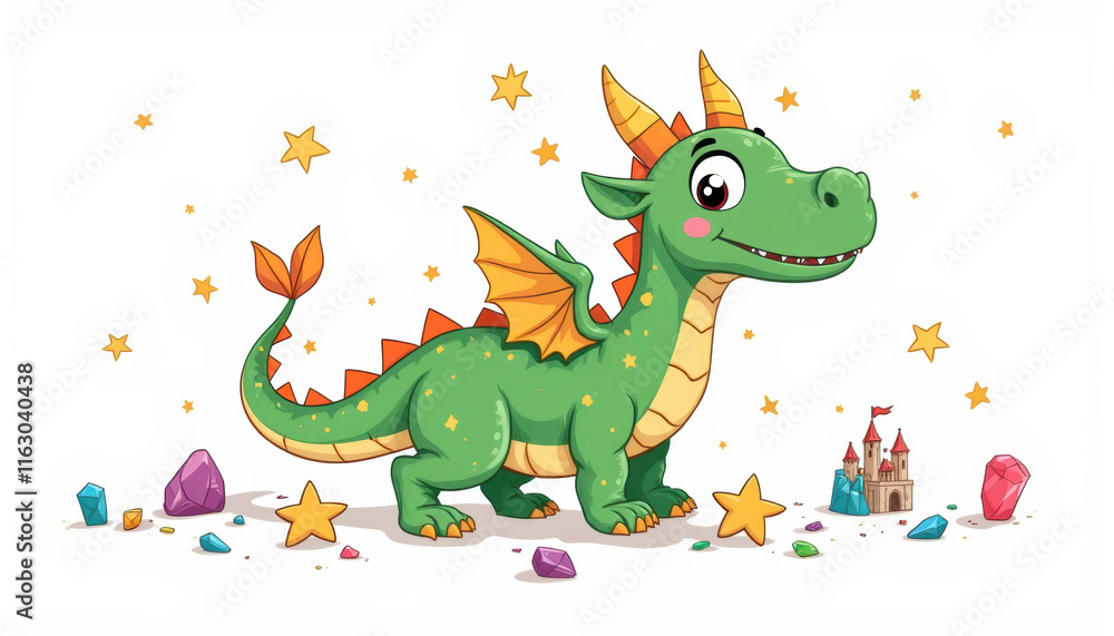 Fototapeta premium Cheerful cartoon dragon with tiny wings and colorful doodles