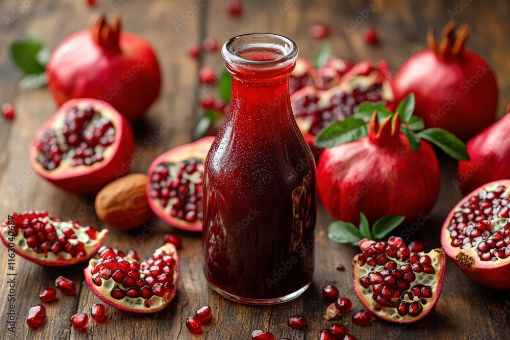 glass bottle of pomegranate sour sauce, elegantly designed, sitting on a rustic wooden table surrounded by fresh ripe pomegranates glass bottle of pomegranate sour sauce, elegantly designed, sitting on a rustic wooden table surrounded by fresh ripe pomegranates