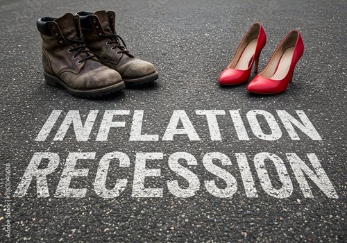 inflation and recession written on ground, economy conceprt, with boots and heels photo