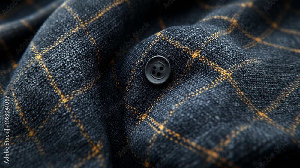 a dark fabric with a gold plaid pattern and a single black button. a dark fabric with a gold plaid pattern and a single black button.