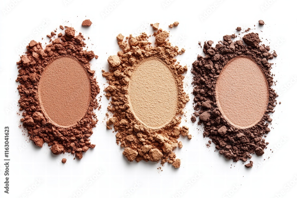 Set swatch texture of brown and beige loose powder for face makeup on white background