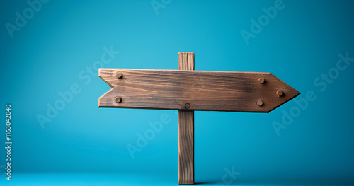 Wooden directional sign against a solid blue background indicating a path or destination, suitable for guiding people in various contexts such as events or outdoor activities photo