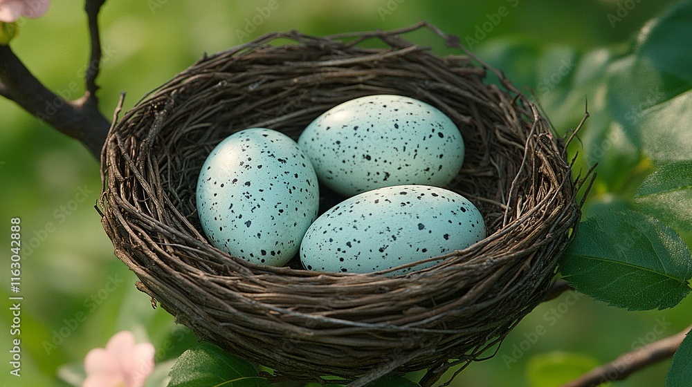 A close up shows three speckled blue eggs nestled in a woven bird's nest. A close up shows three speckled blue eggs nestled in a woven bird's nest.