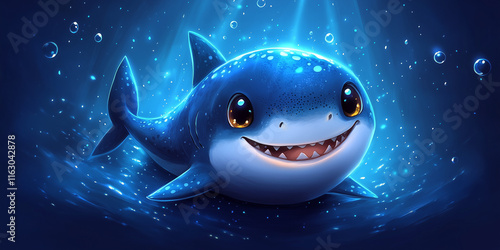 Cute cartoon shark smiling in underwater scene photo