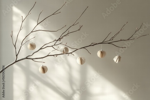 Scandinavian-inspired scene featuring a bare branch adorned with minimalist paper ornaments