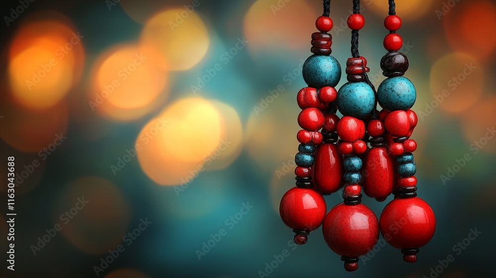 a beaded curtain with red and teal beads suspended from a black string. a beaded curtain with red and teal beads suspended from a black string.