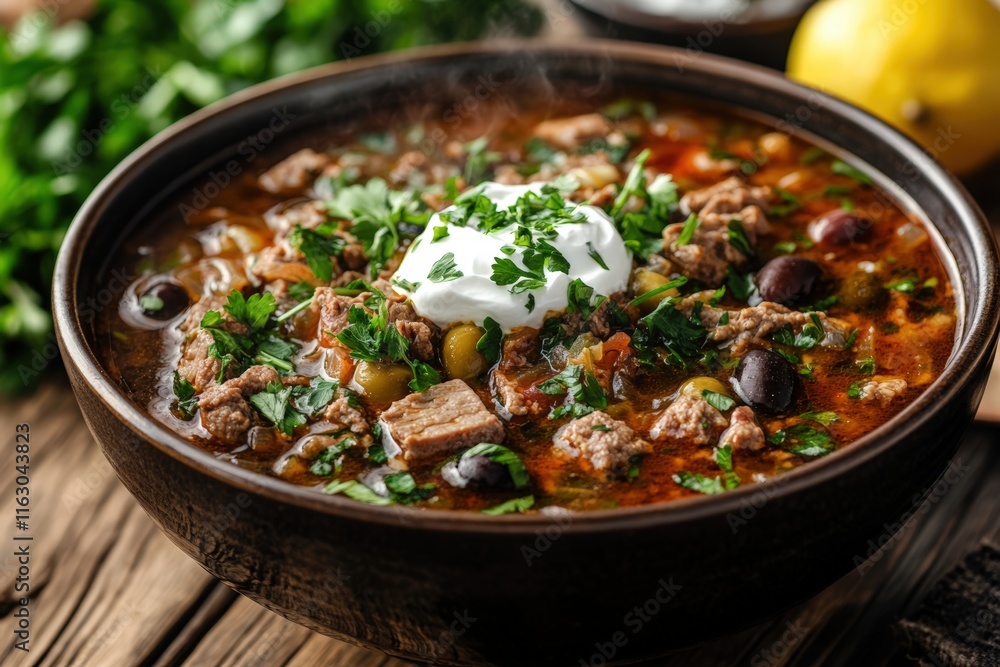 steaming bowl of traditional Russian solyanka, brimming with tender chunks of meat, olives, and a medley of fresh herbs steaming bowl of traditional Russian solyanka, brimming with tender chunks of meat, olives, and a medley of fresh herbs