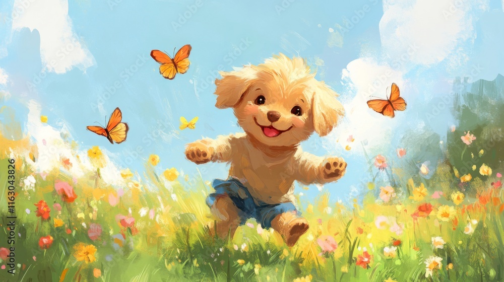 Fototapeta premium Happy Golden Puppy Plays in Sunny Wildflower Meadow