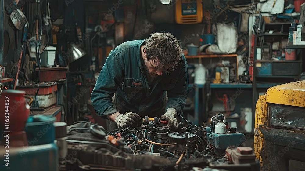 Mechanic diligently working on a vehicle engine in a cluttered workshop, showcasing the dedication and skill involved in automotive repair. Mechanic diligently working on a vehicle engine in a cluttered workshop, showcasing the dedication and skill involved in automotive repair.