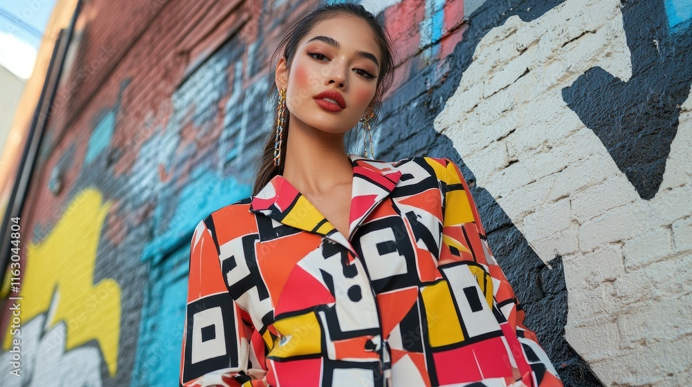 Obraz premium Urban Fashion: Model in Geometric Print Outfit Against Graffiti Wall