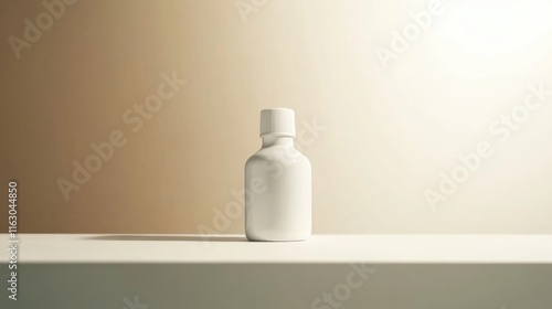 A White Bottle Stands Tall on a White Surface, Bathed in Warm Light Against a Neutral Beige Wall.