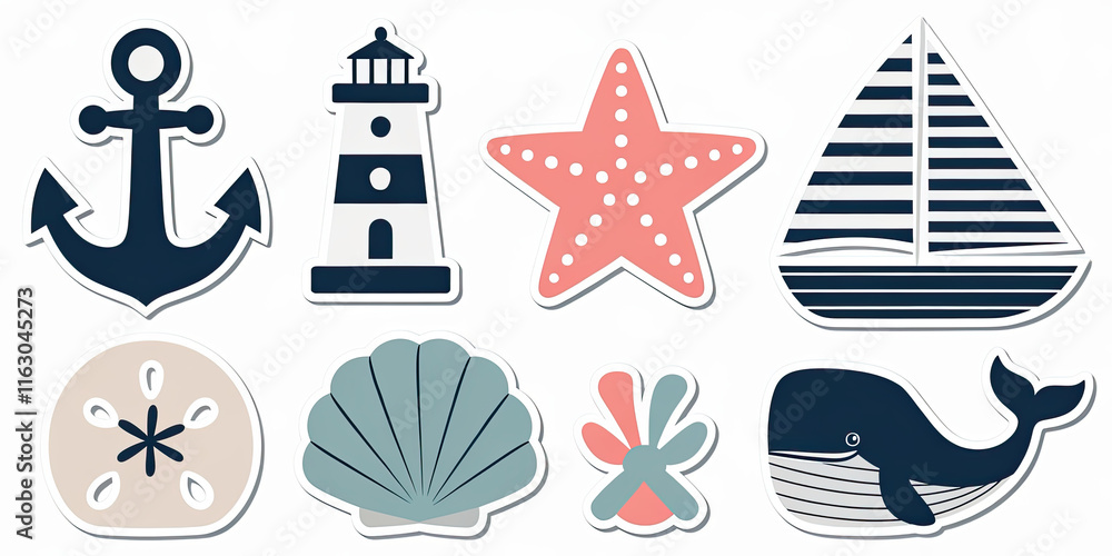 Fototapeta premium Nautical Summer Stickers Anchor Lighthouse Starfish Sailboat Whale Seashell Sand Dollar Coral